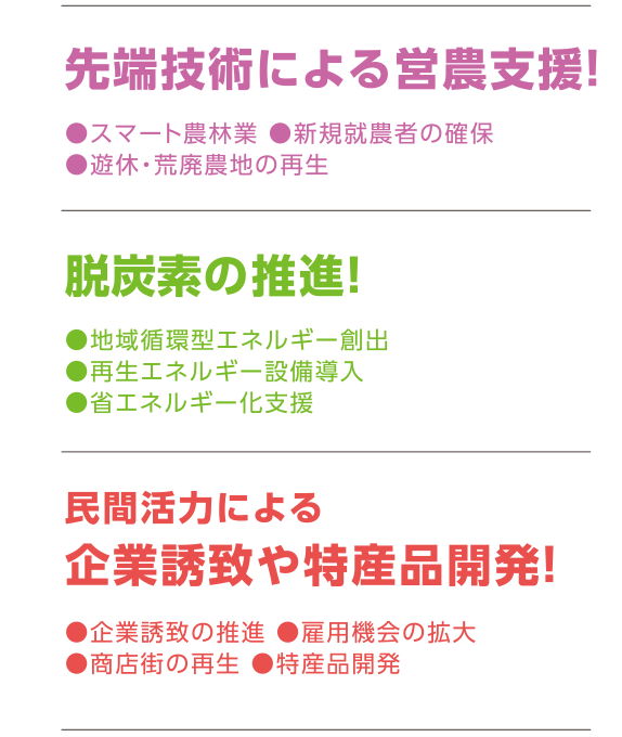 先端技術による営農支援！脱炭素の推進！企業誘致や特産品開発！